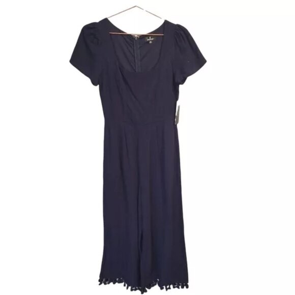 Lulu's | Linen Wide Leg Round Neck Cropped Jump Suit Navy Blue NWT - Picture 1 of 10